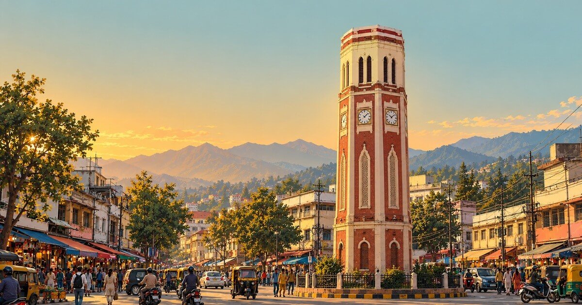 Editorial illustration of the six-faced Dehradun Clock Tower (Ghanta Ghar) at the Paltan Bazaar junction at golden hour